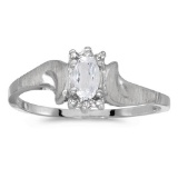 Certified 14k White Gold Oval White Topaz And Diamond Satin Finish Ring