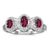 Certified 10k White Gold Oval Rhodolite Garnet And Diamond Three Stone Ring