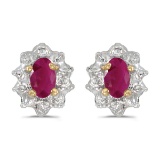 Certified 14k Yellow Gold Oval Ruby And Diamond Earrings