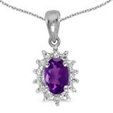 Certified 14k White Gold Oval Amethyst And Diamond Pendant