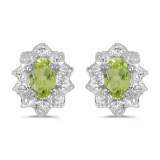 Certified 14k White Gold Oval Peridot And Diamond Earrings