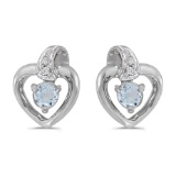 Certified 10k White Gold Round Aquamarine And Diamond Heart Earrings 0.15 CTW