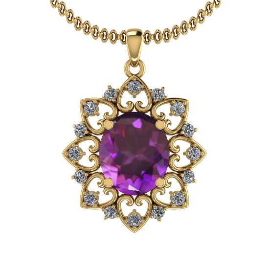 4.22 Ctw Amethyst And Diamond I2/I3 14K Yellow Gold Necklace