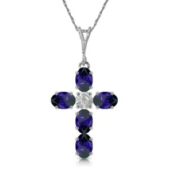 1.88 CTW 14K Solid White Gold Cross Necklace Natural Diamond Sapphire