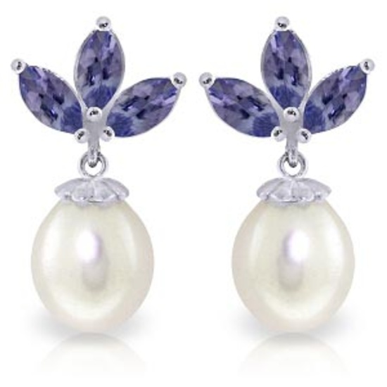 9.5 Carat 14K Solid White Gold Dangling Earrings pearl Tanzanite