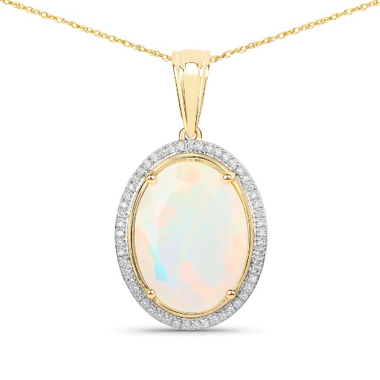 4.36 Carat Genuine Ethiopian Opal and White Diamond 14K Yellow Gold Pendant