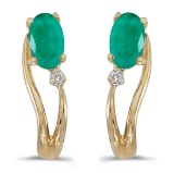 Certified 14k Yellow Gold Oval Emerald And Diamond Wave Earrings
