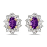 Certified 10k Yellow Gold Oval Amethyst And Diamond Earrings