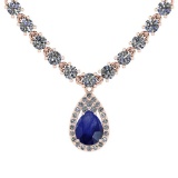 14.44 Ctw SI2/I1 Blue Sapphire And Diamond 14K Rose Gold Necklace