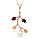 14K Solid Rose Gold Necklace with Garnets, Citrines & pearl