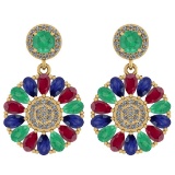 6.04 Ctw I2/I3 Emerald,Ruby,Blue Sapphire And Diamond 14K Yellow Gold Earrings