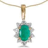 Certified 10k Yellow Gold Oval Emerald And Diamond Pendant 0.33 CTW