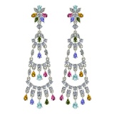 15.76 Ctw VS/SI1 Multi Sapphire,tanzanite,Aquamarine And Diamond 14K White Gold Dangling Earrings