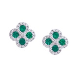 Certified 14k White Gold Emerald and .26 ct Diamond Clover Earrings