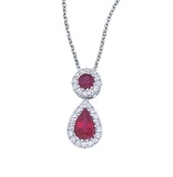Certified 14k White Gold Ruby and Diamond Dangle Pendant 0.18 CTW