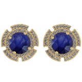 4.44 Ctw I2/I3 Blue Sapphire And Diamond 14K Yellow Gold Stud Earrings