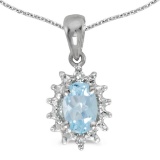 Certified 10k White Gold Oval Aquamarine And Diamond Pendant 0.31 CTW