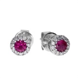 Certified 14k White Ruby and Diamond Round Earring