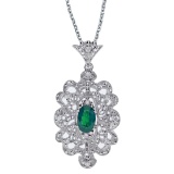 Certified 14k White Gold Emerald and .10 ct Diamond Pendant