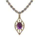 7.20 Ctw Amethyst And Diamond I2/I3 14K Yellow Gold Pendant Necklace