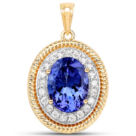 11.31 Carat Genuine Tanzanite and White Diamond 18K Yellow Gold Pendant