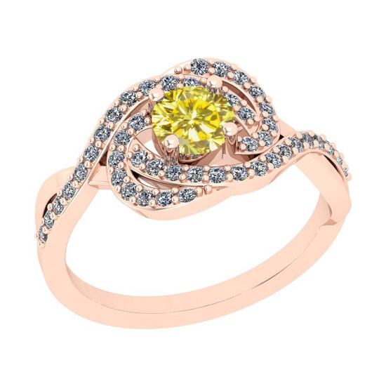 0.86 Ctw I2/I3 Treated Fancy Yellow And White Diamond 14K Rose Gold Cluster Bridal Wedding Ring