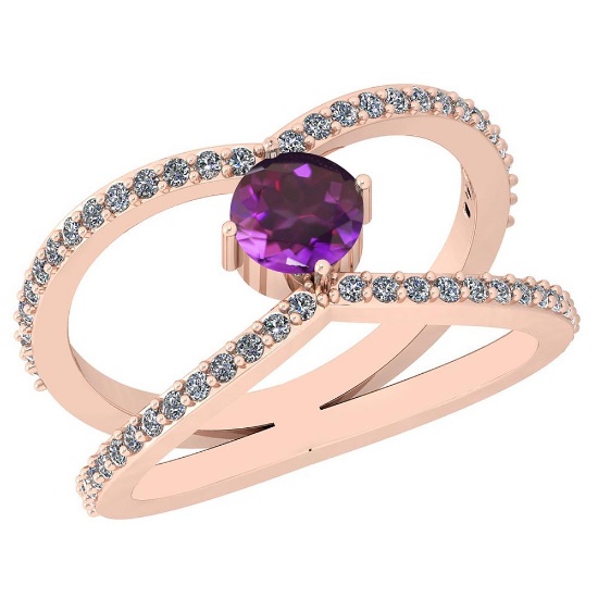 0.88 Ctw Amethyst And Diamond I2/I3 10K Rose Gold Vintage Style Ring