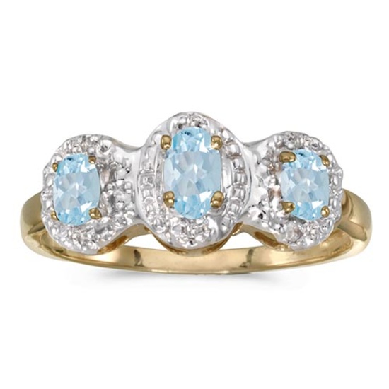 Certified 14k Yellow Gold Oval Aquamarine And Diamond Three Stone Ring