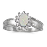 Certified 10k White Gold Oval Opal And Diamond Ring