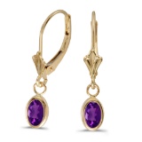 Certified 14k Yellow Gold Oval Amethyst Bezel Lever-back Earrings