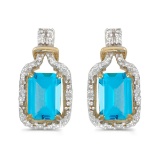 Certified 14k Yellow Gold Emerald-cut Blue Topaz And Diamond Earrings