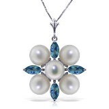 6.3 Carat 14K Solid White Gold Peace Of Heaven Blue Topaz pearl Necklace