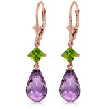 14K Solid Rose Gold Leverback Earrings with Peridots & Amethysts