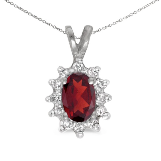 Certified 10k White Gold Oval Garnet And Diamond Pendant