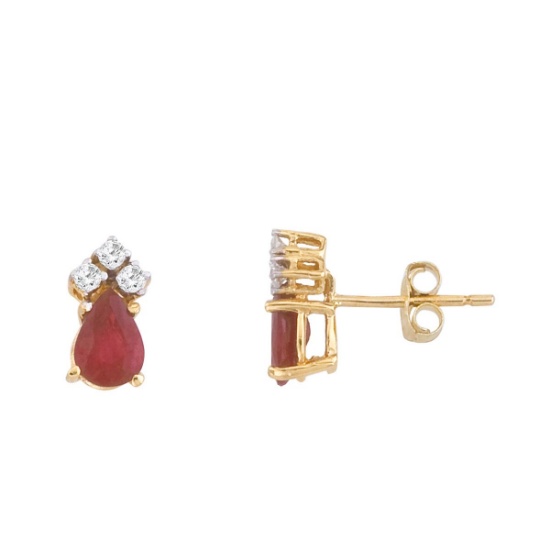 Certified 14k Yellow Gold Ruby And Diamond Pear Shaped Earrings 0.57 CTW