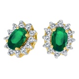 Certified 14k Yellow Gold Oval Emerald and .25 total ct Diamond Earrings