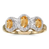 Certified 10k Yellow Gold Oval Citrine And Diamond Three Stone Ring