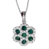 Certified 14k White Gold Round Emerald Flower Pendant