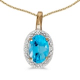 Certified 10k Yellow Gold Oval Blue Topaz And Diamond Pendant 0.42 CTW