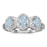 Certified 10k White Gold Oval Aquamarine And Diamond Three Stone Ring