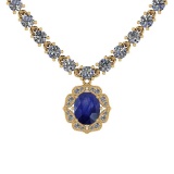 6.38 Ctw SI2/I1 Blue Sapphire And Diamond 14K Yellow Gold Necklace