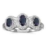 Certified 14k White Gold Oval Sapphire And Diamond Three Stone Ring