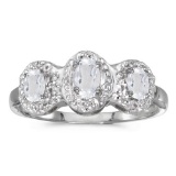 Certified 14k White Gold Oval White Topaz And Diamond Three Stone Ring