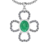 1.66 Ctw I2/I3 Emerald And Diamond 14K White Gold Necklace
