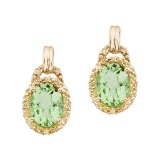 Certified 14K Yellow Gold 8x6 Oval Green Amethyst and Diamond Earrings