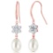 14K Solid Rose Gold Fish Hook Earrings with Diamonds, Aquamarines & pearl