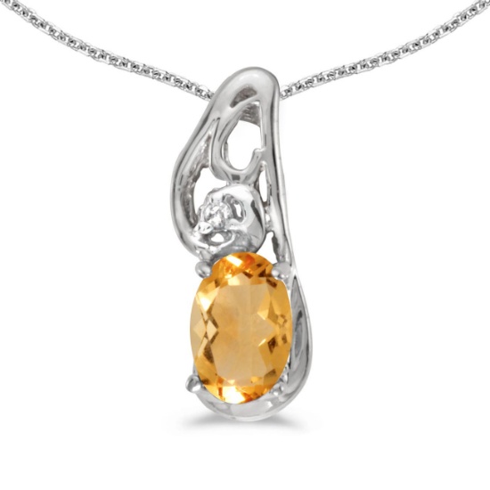 Certified 14k White Gold Oval Citrine And Diamond Pendant