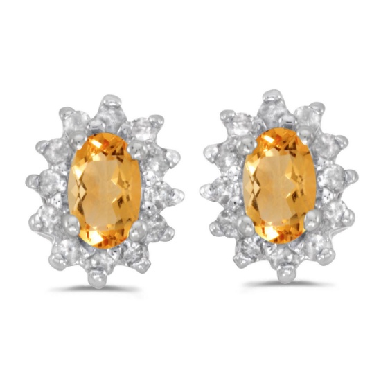 Certified 14k White Gold Oval Citrine And Diamond Earrings