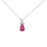 Certified 14K White Gold Pear Shaped Ruby and .05 ct Diamond Pendant