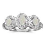 Certified 14k White Gold Oval Opal And Diamond Three Stone Ring
